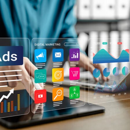 Businesswoman using digital marketing and online advertising das Businesswoman using digital marketing and online advertising dashboard with marketing strategy icons, analytics data, and SEO tools on screen interface for business growth and campaign performance.